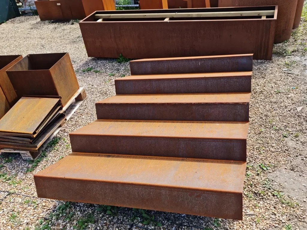 Corten steel stair unit prepared for the raised terrace garden in Allerton