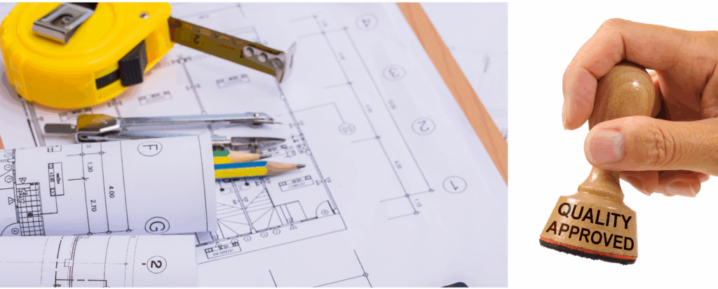A collection of construction tools including a tape measure, compass, and pencils on architectural plans.