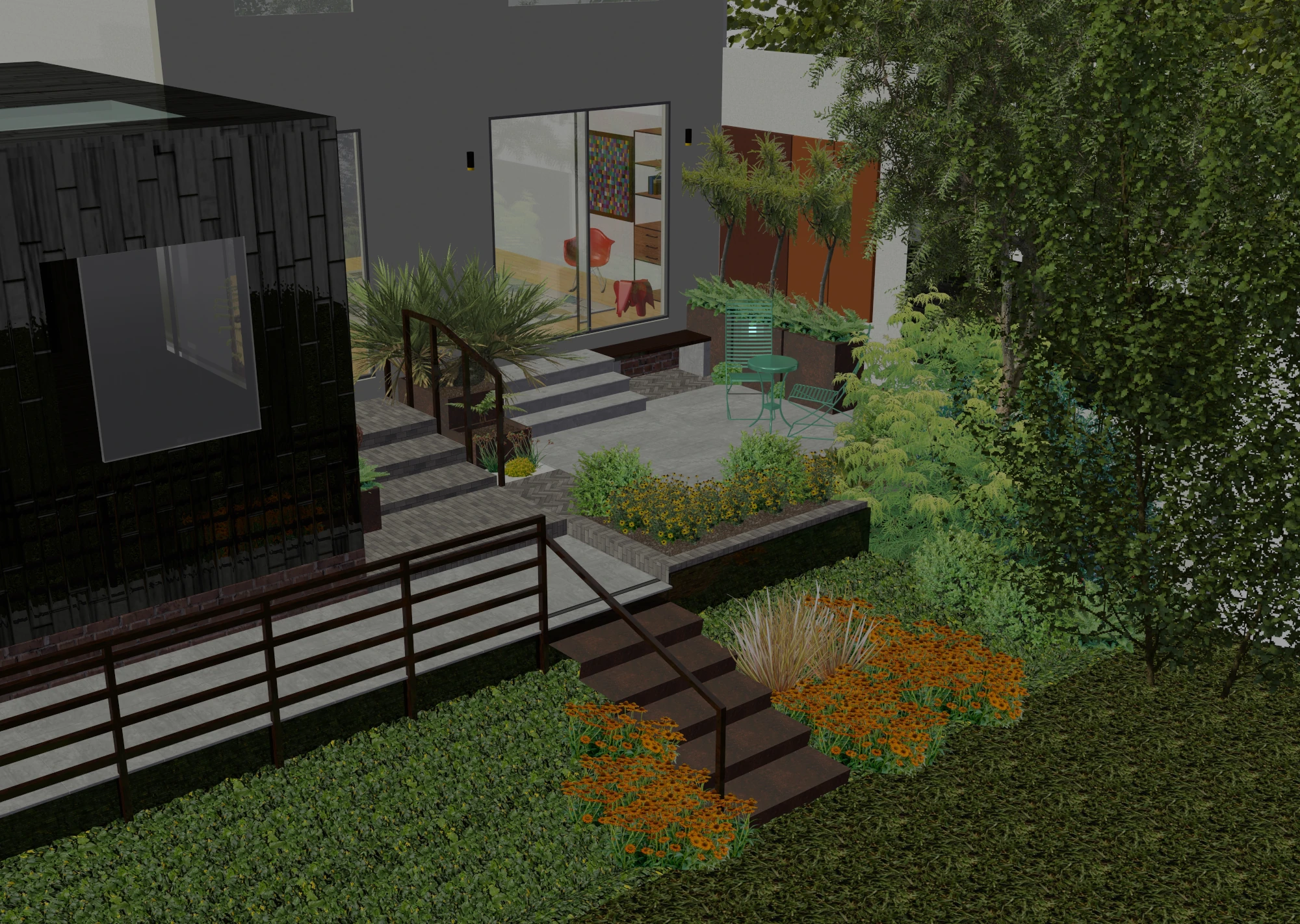 3D garden design for raised terrace courtyard garden in Allerton with planting and seating area