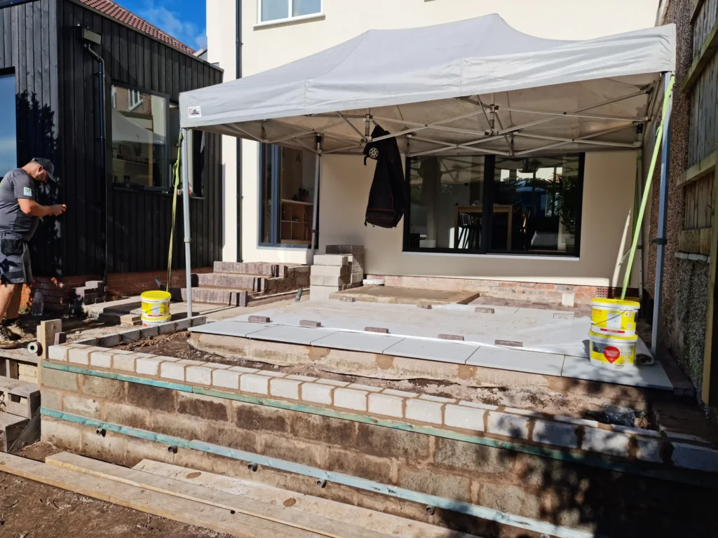Split level terrace and paving installation underway at Nordic Soul Allerton garden