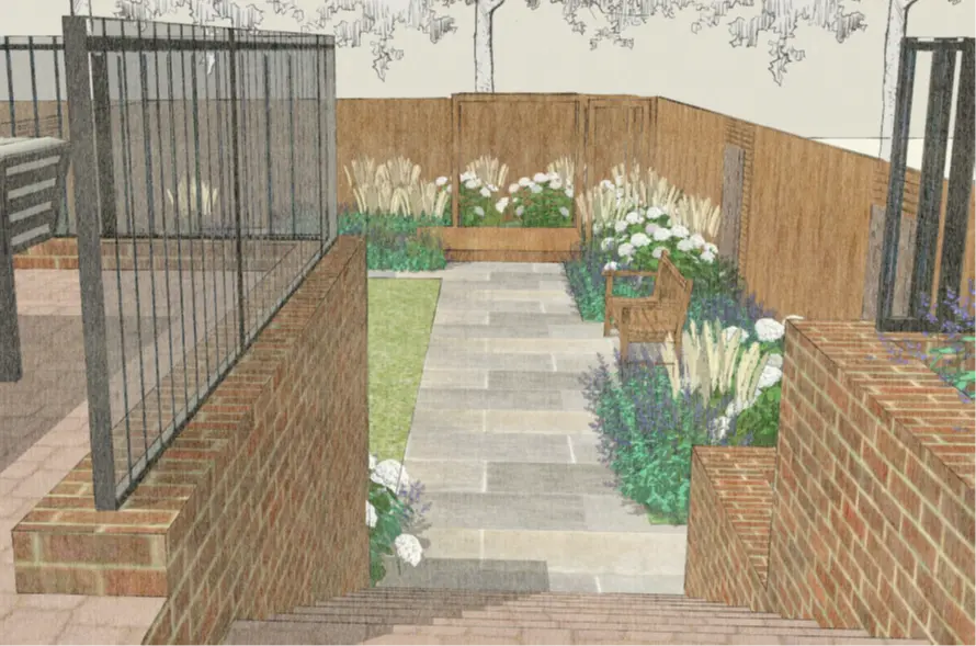 Garden design sketch for a courtyard garden makeover in Malpas with paving and planting beds