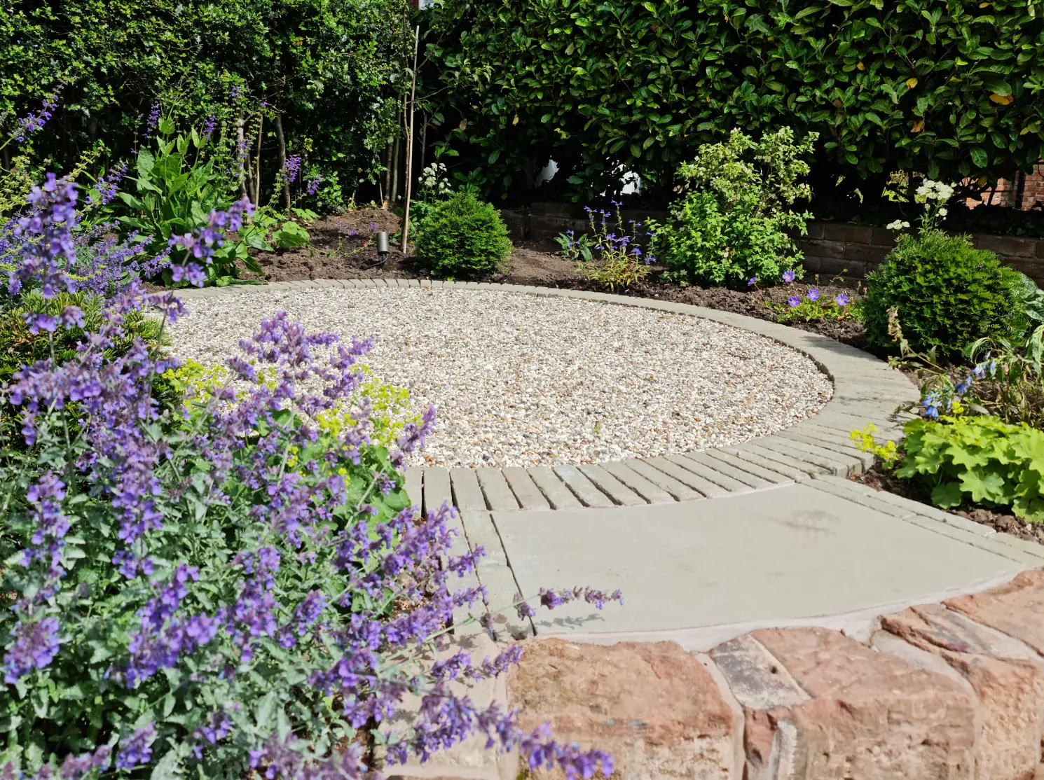 Stabilised gravel seating area with purple planting in a landscaped Altrincham garden