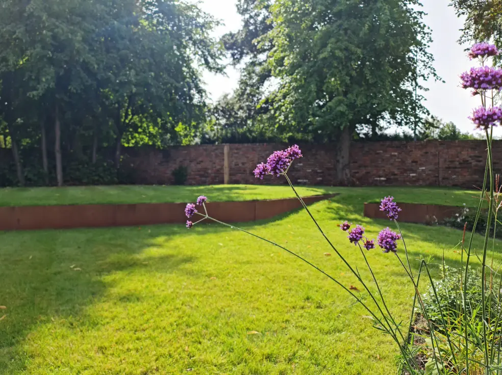 Curved lawn and corten edging in a landscaped Wilmslow waterside garden