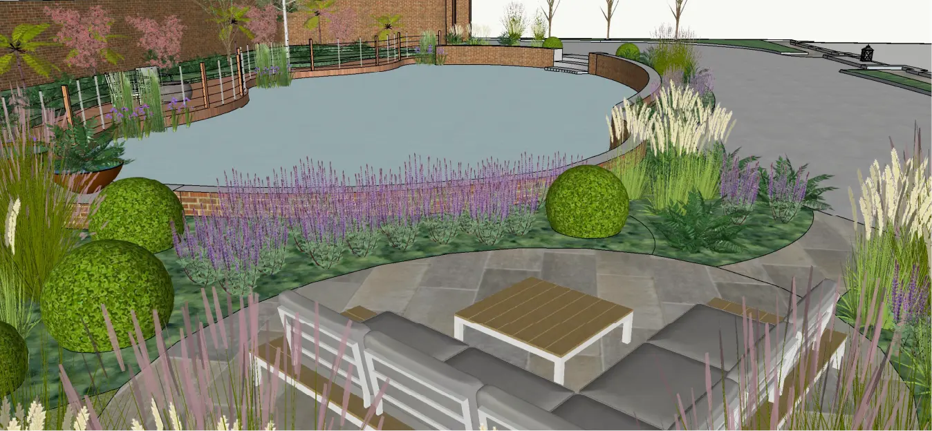 Garden design visual for Wilmslow pool renovation with deck walkway, seating area and planting