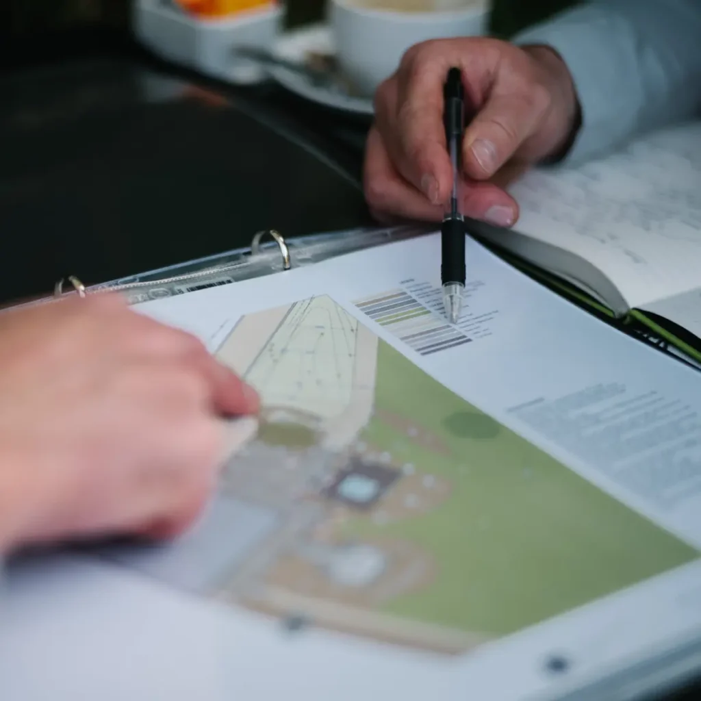 close-up of hands discussing a project plan with diagrams and notes